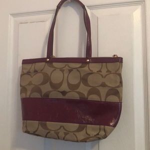 Raspberry Patent Leather Striped Coach Tote